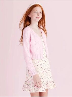 LoveShackFancy Light Pink Pointelle V-Neck Cardigan Sweater - girls
